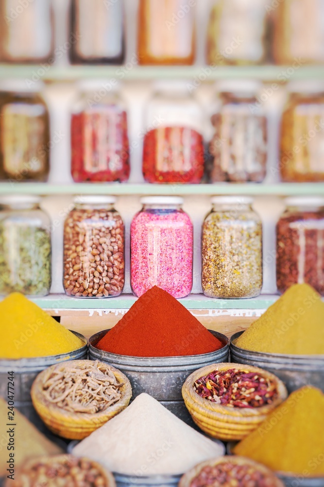 Spices on a traditional Moroccan market. Selective Focus.