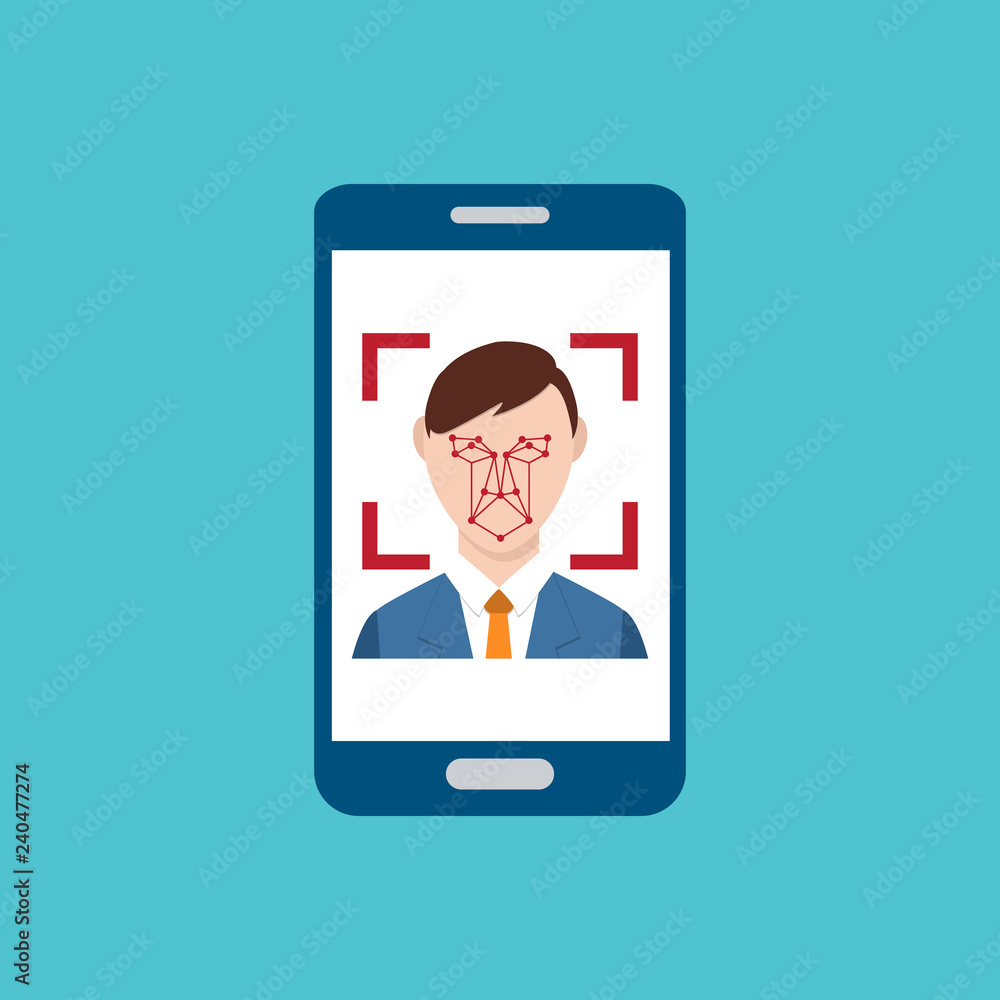 Facial recognition technology, Face ID concept, smart phone focus in a users face. Vector illustration.