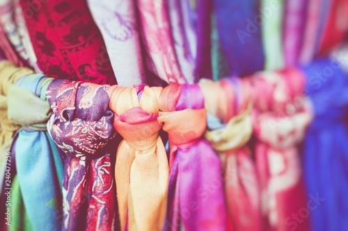 Colored scarves. Selective Focus.