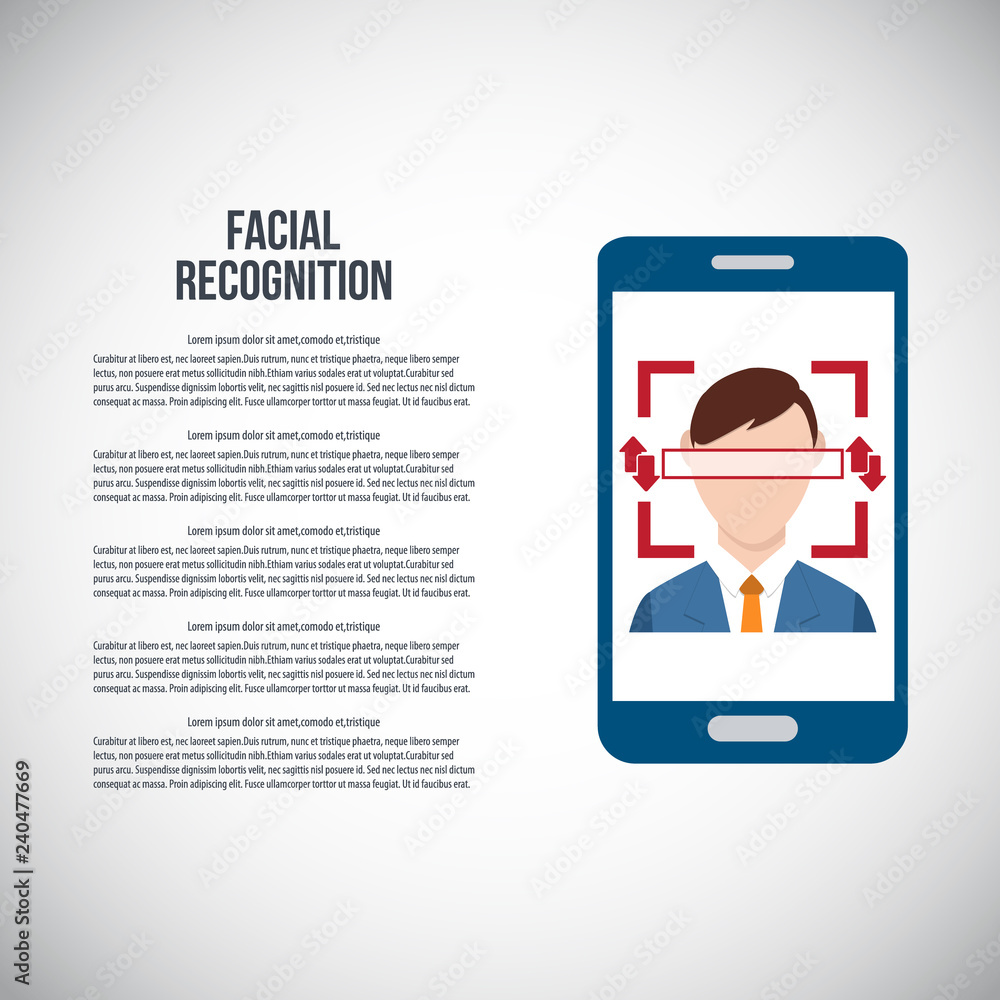 Facial recognition technology, Face ID concept, smart phone focus in a users face. Vector illustration. Facial recognition technology, Face ID concept, smart phone focus in a users face. Vector illustration.