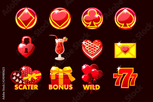 Vector Gaming icon of St.Valentine symbols for slot machines and a lottery or casino. Set 12 in red colors. Game casino, slot, UI