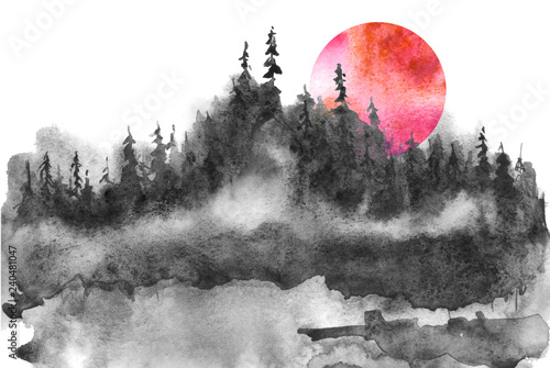 Watercolor logo, postcard, background Black silhouette of the forest, pine, spruce, cedar. Watercolor landscape, black splash of paint, abstract spots, beautiful drawing. Red, pink sun, sunset. 