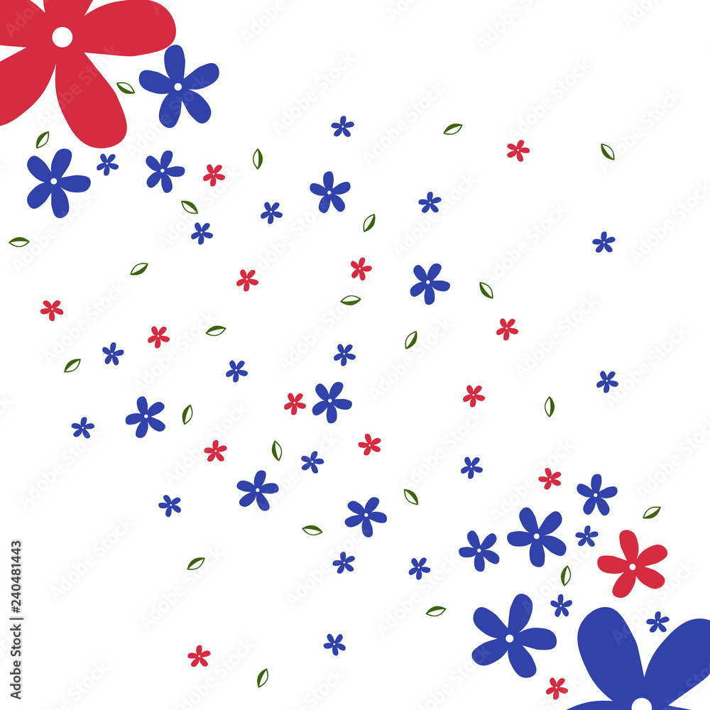 Background of flowers and leaves. Red and blue flowers. Vector illustration.