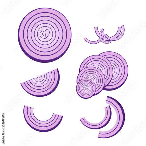 Set onion icon. Vector illustration of a piece of onion. Hand drawn chopped onion rings.