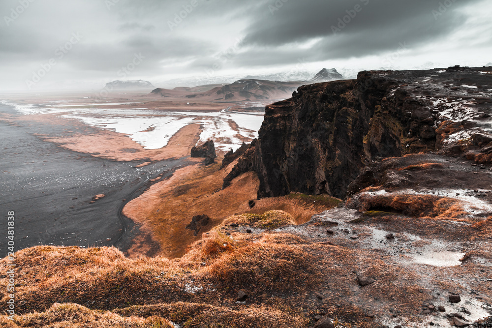 Icelandic scenic landscape. Black sands
