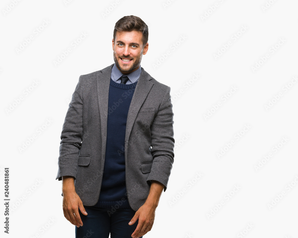 Young handsome business man over isolated background looking away to side with smile on face, natural expression. Laughing confident. Young handsome business man over isolated background looking away to side with smile on face, natural expression. Laughing confident.