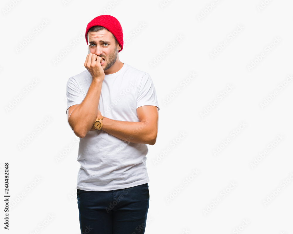 Young handsome man over isolated background looking stressed and nervous with hands on mouth biting nails. Anxiety problem. Young handsome man over isolated background looking stressed and nervous with hands on mouth biting nails. Anxiety problem.