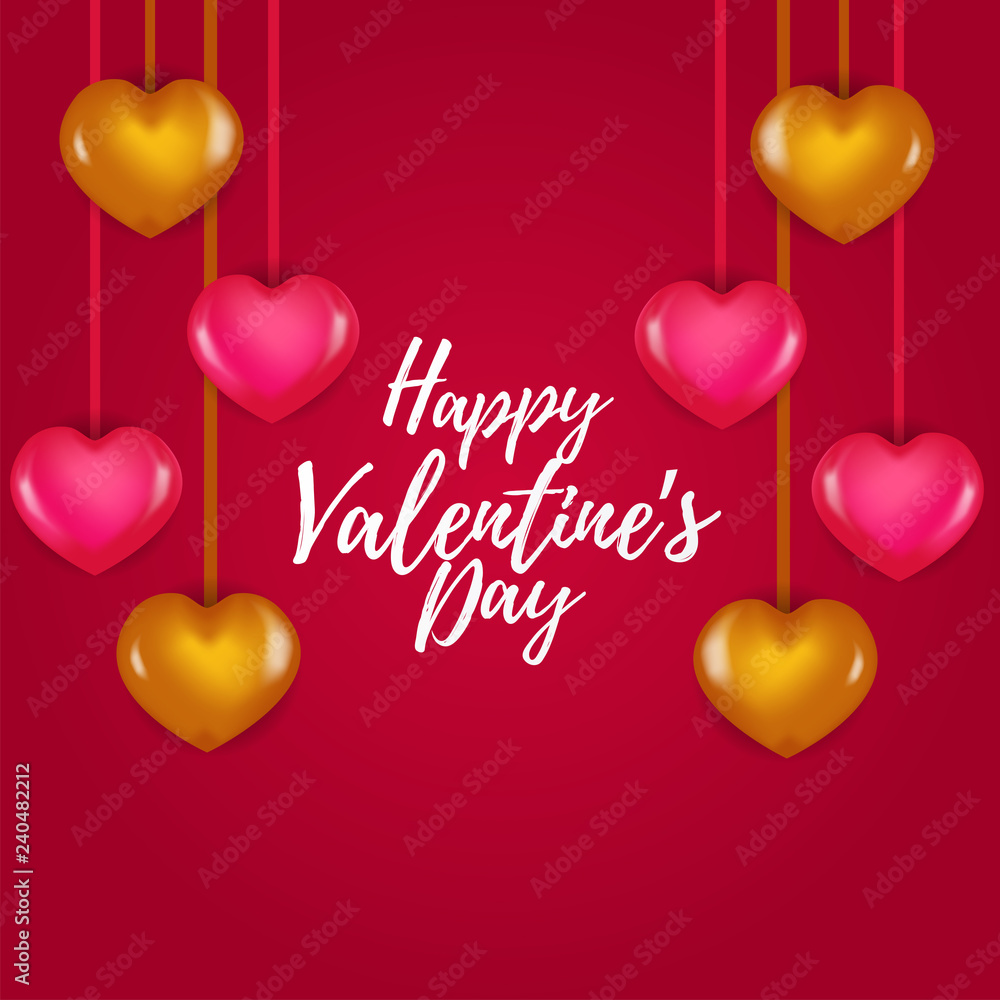 Happy Valentine day card template with gold and pink hearth and red background