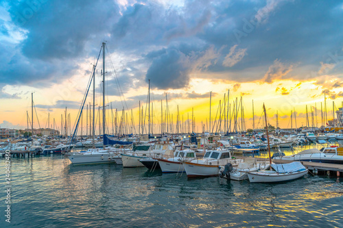 Yachts moored in the harbor at sunrise, Syracuse, Sicily