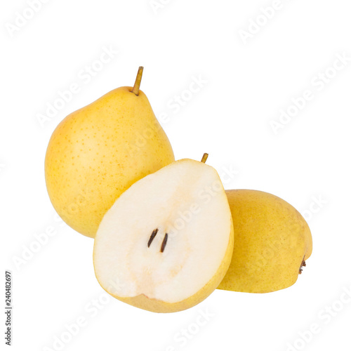 fresh pears whole and cut in half on white isolated background