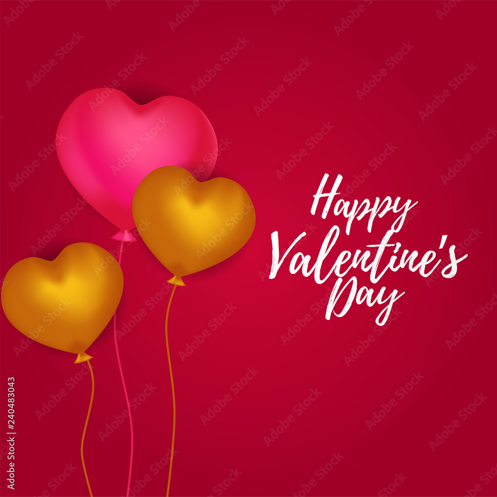 Happy valentine template with flying gold and pink hearth shape balloon. Vector illustration