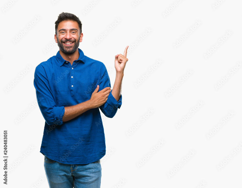 Adult hispanic man over isolated background with a big smile on face, pointing with hand and finger to the side looking at the camera. Adult hispanic man over isolated background with a big smile on face, pointing with hand and finger to the side looking at the camera.