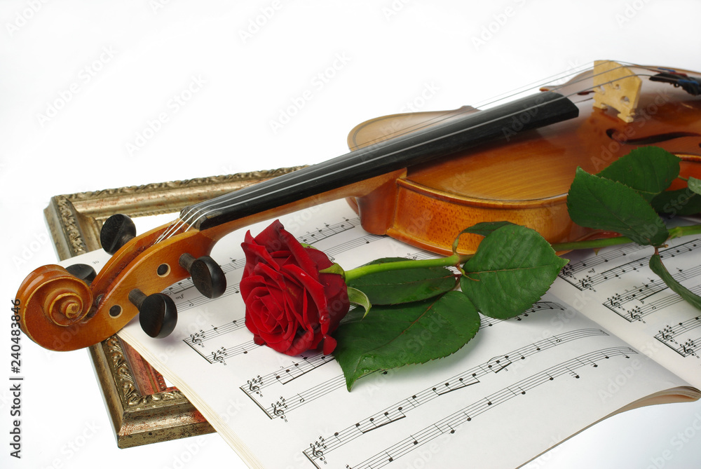 Fototapeta premium Violin, red rose and sheet music