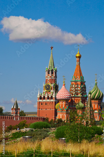 Green trees and grass on the background of the Moscow Kremlin in the park Zaryadye.