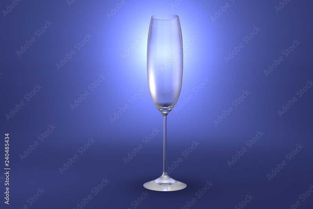 3D illustration of flute champagne glass on light blue highlighted artistic background - drinking glass render 3D illustration of flute champagne glass on light blue highlighted artistic background - drinking glass render