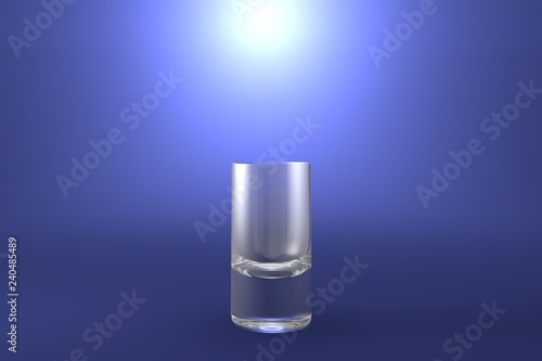 3D illustration of vodka shot glass on light blue highlighted artistic background - drinking glass render