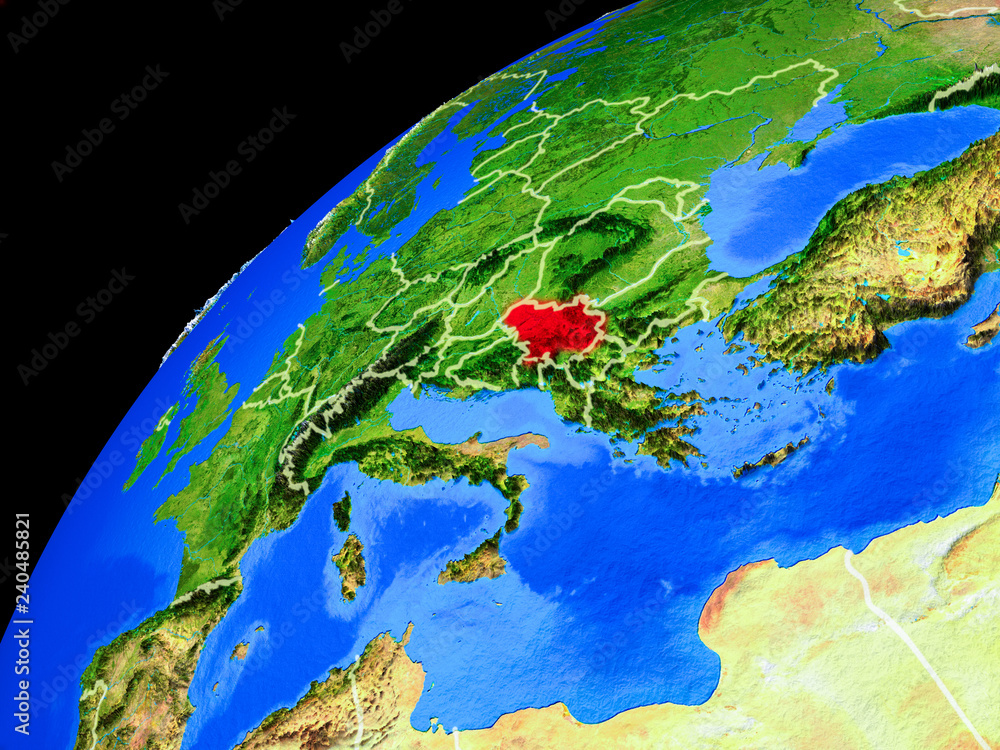 Serbia from space. Planet Earth with country borders and extremely high detail of planet surface.