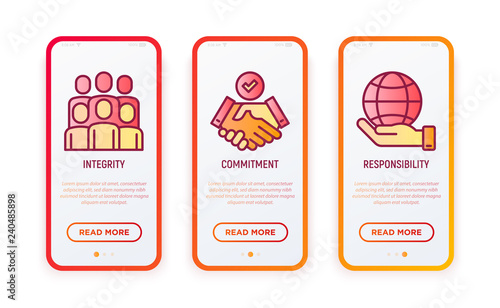 Business ethics thin line icons set: integrity, commitment, responsibility. Modern vector illustration for user mobile interface.