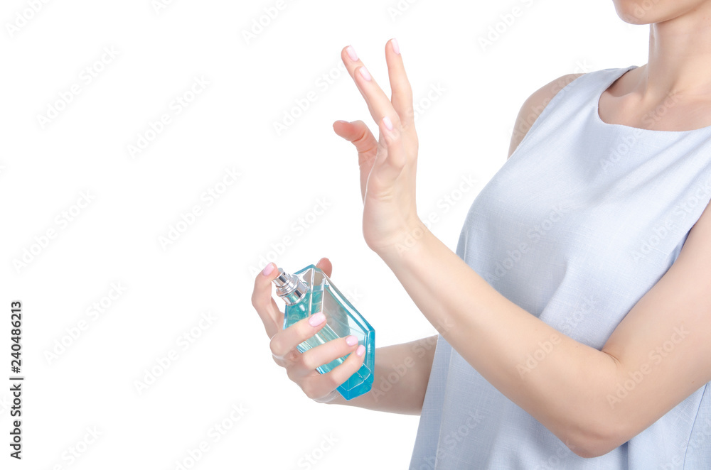 Young woman with perfume bottle on white background, closeup Young woman with perfume bottle on white background, closeup