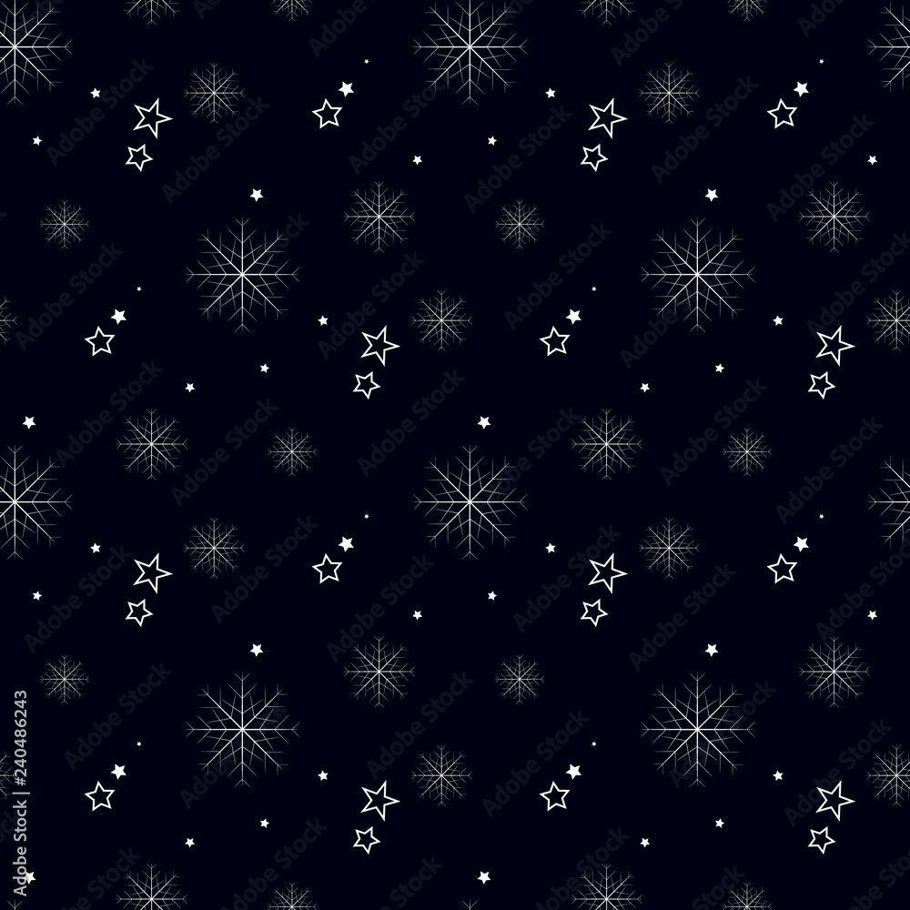 Snowflake simple seamless pattern on black. Abstract wallpaper, wrapping decoration. Symbol of winter, Merry Christmas holiday, Happy New Year celebration Vector illustration. eps10 Snowflake simple seamless pattern on black. Abstract wallpaper, wrapping decoration. Symbol of winter, Merry Christmas holiday, Happy New Year celebration Vector illustration. eps10