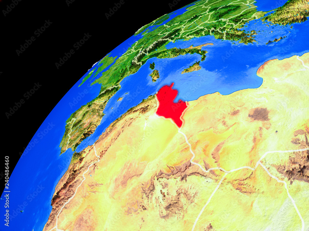 Tunisia from space. Planet Earth with country borders and extremely high detail of planet surface.