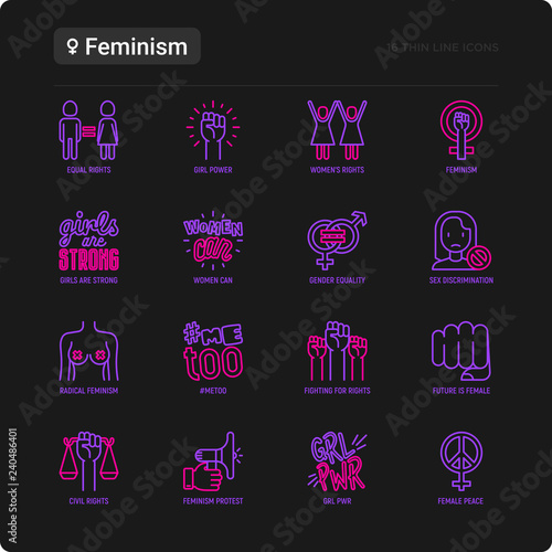 Feminism thin line icons set: women's rights, girl power, gender equality, sex dicrimination, me too, protest, girls are strong. Modern vector illustration.