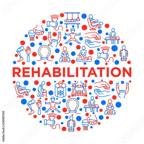 Rehabilitation for disabled concept in circle with thin line icons: magnetic therapy, laser, massage, lymphatic drainage, exoskeleton, cryotherapy. Vector illustration, print media template.