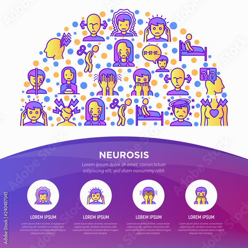 Neurosis concept in half circle with thin line icon: panic attack, headache, fatigue, insomnia, despair, phobia, mood instability, stuttering, psychalgia. Vector illustration, web page template.
