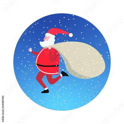 Santa Claus hurries with a bag of gifts