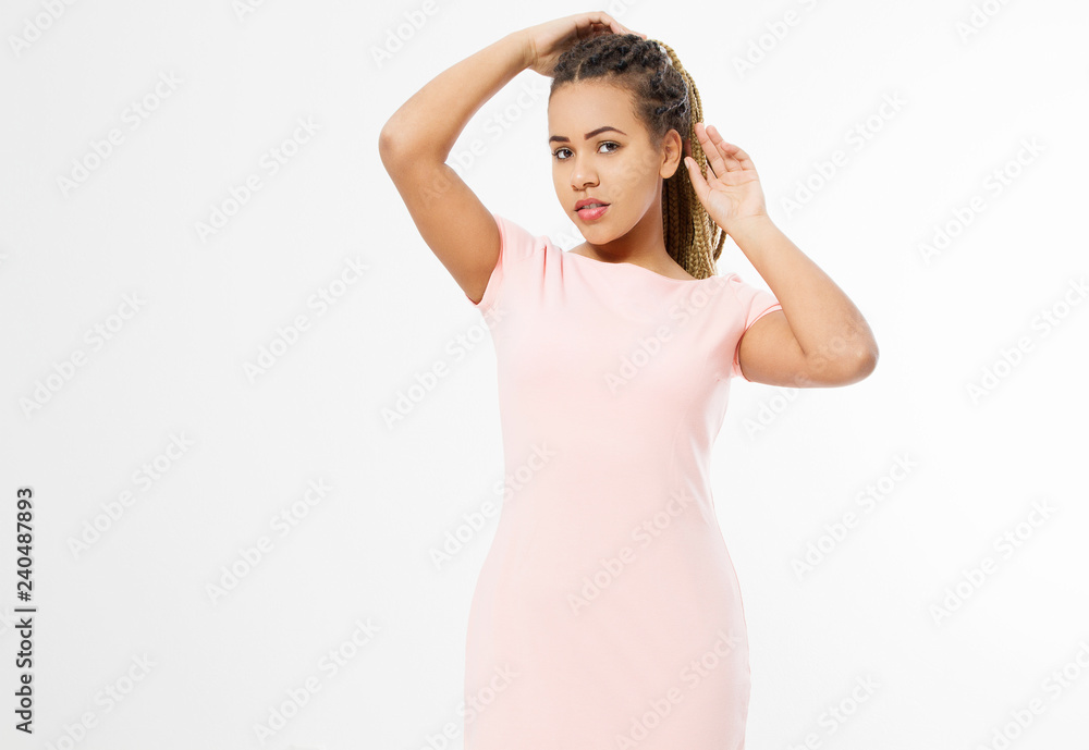 Beautiful smiling african american girl with afro hairstyle in blank template t shirt dress isolated on white background. Copy space and makeup Beautiful smiling african american girl with afro hairstyle in blank template t shirt dress isolated on white background. Copy space and makeup
