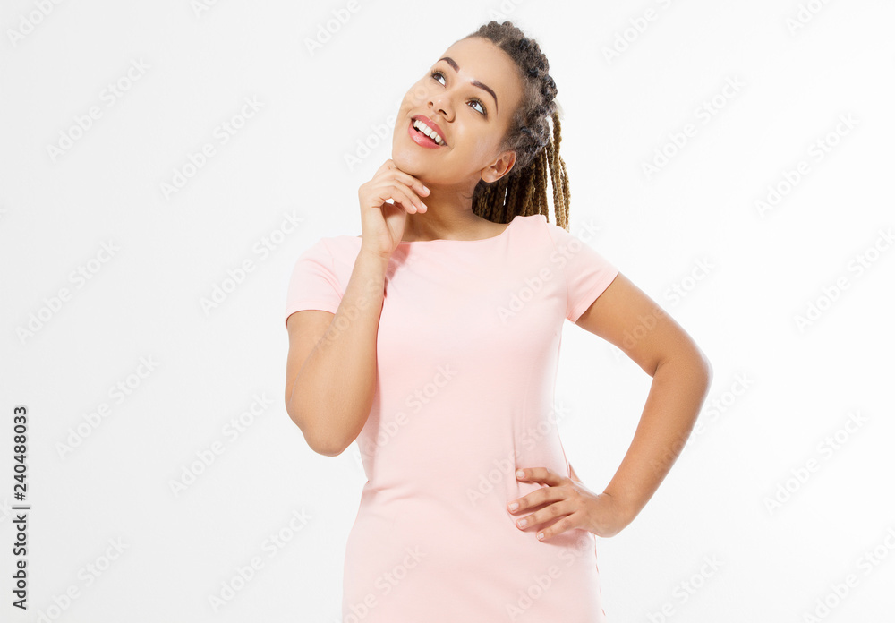 Beautiful smiling african american girl with afro hairstyle in blank template t shirt dress isolated on white background. Copy space and makeup Beautiful smiling african american girl with afro hairstyle in blank template t shirt dress isolated on white background. Copy space and makeup