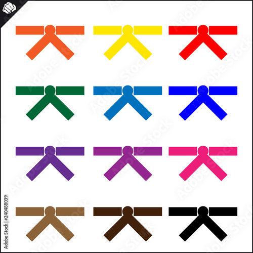 Martial art colored belts set design. Karate emblem.
