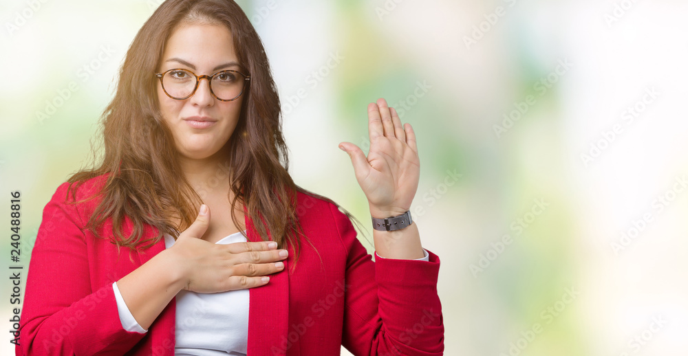 Beautiful plus size young business woman wearing elegant jacket and glasses over isolated background Swearing with hand on chest and open palm, making a loyalty promise oath Beautiful plus size young business woman wearing elegant jacket and glasses over isolated background Swearing with hand on chest and open palm, making a loyalty promise oath