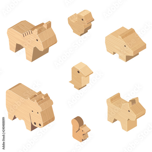 Wooden handcraft animals farm on white background, The wooden toy of animal farm for kids isometric view, Vector illustrator