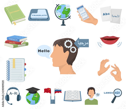 Translator and linguist cartoon icons in set collection for design. Interpreter vector symbol stock web illustration.