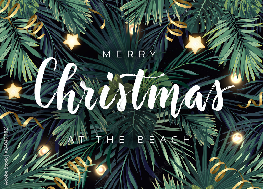 Fototapeta premium Boże Narodzenie tropikalny wektor wzór transparentu lub ulotki z ciemnozielonymi liśćmi palmowymi, złotymi świecącymi gwiazdami, żarówkami i białymi literami.