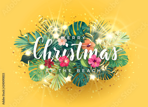 Tropical Christmas on the beach design with monstera palm leaves, hibiscus flowers, gold glowing stars and light bulbs, vector illustration.