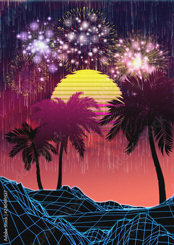 Vaporwave landscape with rocks and palms photo