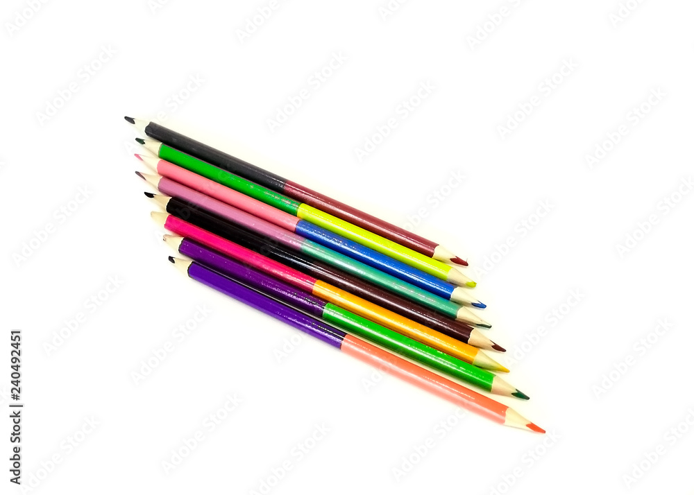 Fototapeta premium Color pencils on white background, copy space