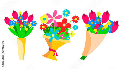 Flowers Bouquets Set Vector. Beautiful Floral Gift. Spring Present. Garden, Bloom. Isolated Flat Illustration