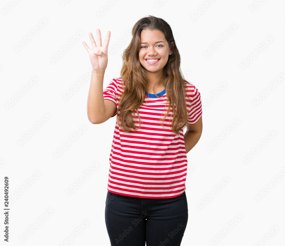 Young beautiful brunette woman wearing stripes t-shirt over isolated background showing and pointing up with fingers number four while smiling confident and happy. Young beautiful brunette woman wearing stripes t-shirt over isolated background showing and pointing up with fingers number four while smiling confident and happy.