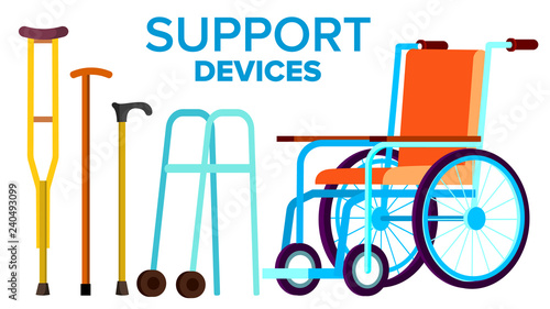 Support Items Vector. Walk Stick, Wheelchair. Isolated Flat Cartoon Illustration