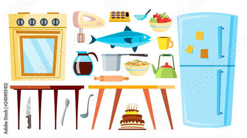 Kitchen Items Vector. Refrigerator, Table, Food, Tableware, Objects. Isolated Cartoon Illustration