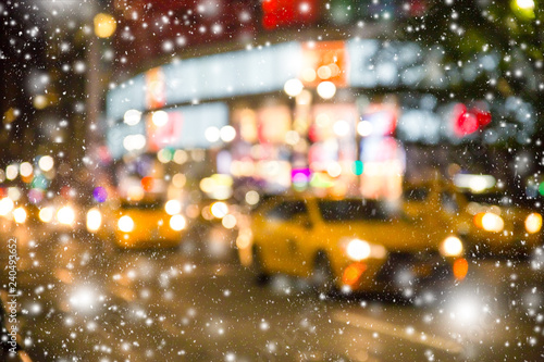 Fototapeta Defocused blur New York City  Manhattan street scene with yellow taxi cabs and s