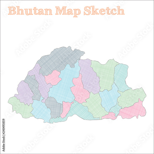 Bhutan map. Hand-drawn country. Comely sketchy Bhutan map with regions. Vector illustration.