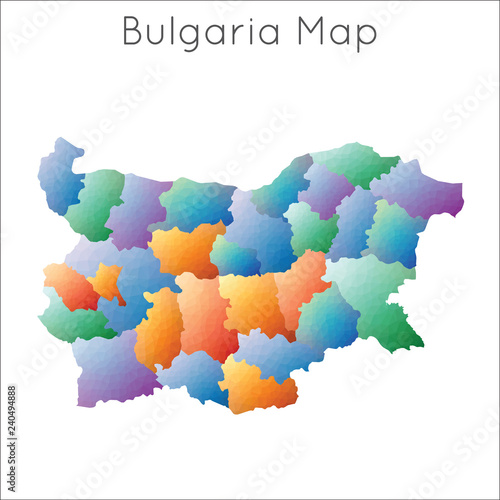 Low poly map of Bulgaria with geometric, mosaic style, highlighting regions and borders.