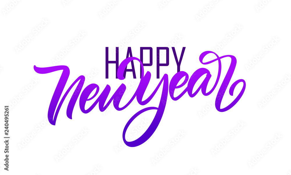Handwritten purple calligraphic lettering composition of Happy New Year
