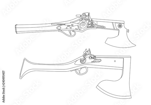 Vector cartoon hand drawn set of vintage flintlock pistol and battle axe combination weapon
