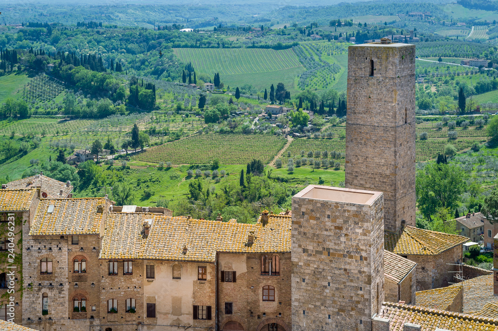 San Gimignano fortress and Tuscany fields view from the tower