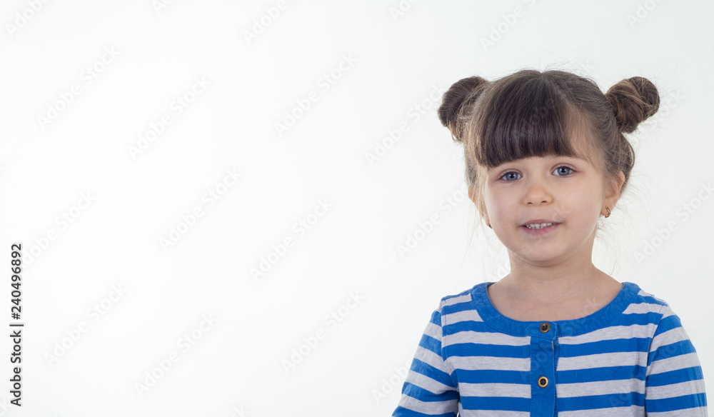 Portrait of young little girl, big blue eyes and cute smile, white teeth.  Fashion 5 year old child with funny haircut. Copy space, white background  Stock Photo | Adobe Stock